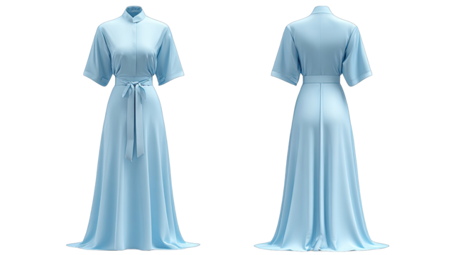 Light blue midi shirt dress, front and back views