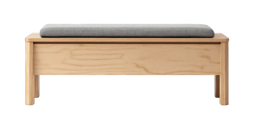 Light-colored wooden storage bench with gray upholstered seat