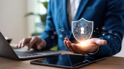 Cyber Security - A businessman's hand holding a glowing shield with a padlock icon, symbolizing data protection and network security