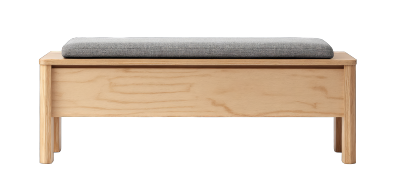 Light-colored wooden storage bench with gray upholstered seat