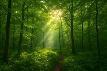 Obraz premium Sun rays shining through trees in a lush, green forest
