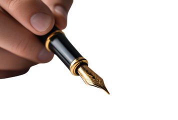 Closeup of a hand holding a classic fountain pen with a golden nib, isolated on a transparent background