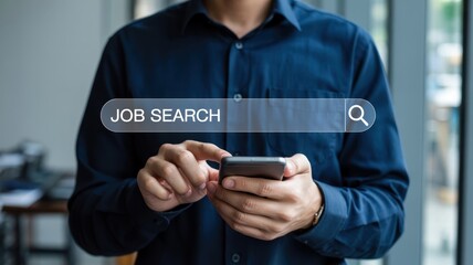 Job Search - A man holding a smartphone with a glowing search bar for "JOB SEARCH", symbolizing finding a new job or professional opportunities
