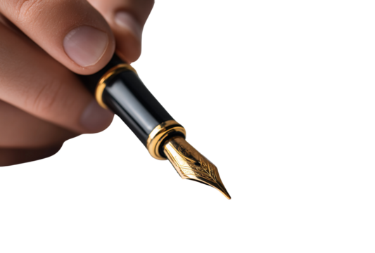 Closeup of a hand holding a classic fountain pen with a golden nib, isolated on a transparent background