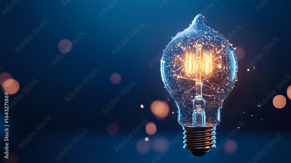 Poster glowing light bulb with digital particle effect and network connections on dark blue background with