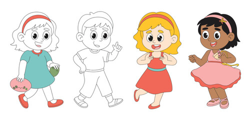 Naklejka premium Four diverse cartoon children ready for coloring and fun