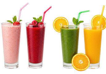 Fototapeta premium Four glasses of colorful fruit juices and smoothies with garnishes, isolated on transparent background