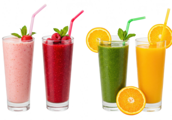 Four glasses of colorful fruit juices and smoothies with garnishes, isolated on transparent background