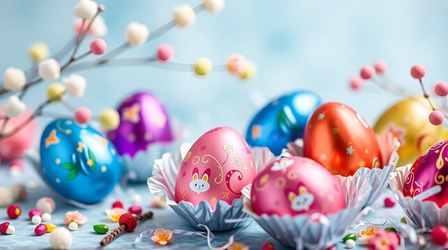 Colorful Chocolate Eggs in Foil Wrapping for Festive Celebration