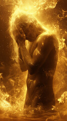 Abstract Concept of Human Stress and Chaos Representation - Fiery Golden Flames Surrounding a Pensive Figure for Artistic Interpretation