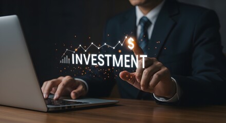 A businessman in a suit interacts with a digital investment graphic on a laptop, pointing at a dollar sign.