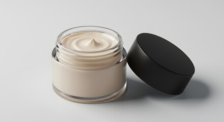 Cream jar Transparent glass jar with a beige cream product a black lid resting beside it set on a white surface