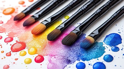 Set of Paintbrushes on Colorful Watercolor Splashes