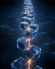 Close-up of a digital blockchain chain link with glowing particles, symbolizing secure connections and cryptocurrency technology.