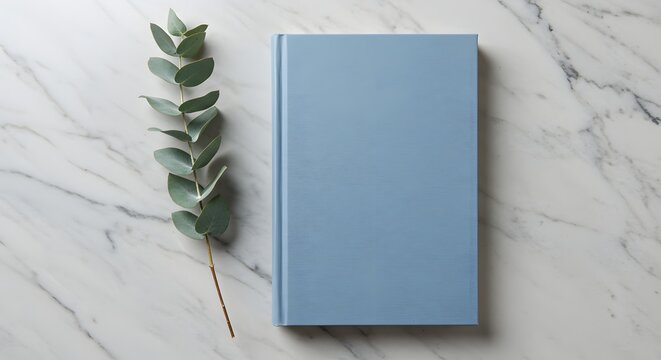 Light blue book lies flat on a marble surface next to a eucalyptus branch