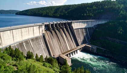 Wide-angle view of a massive concrete dam with water flowing over it