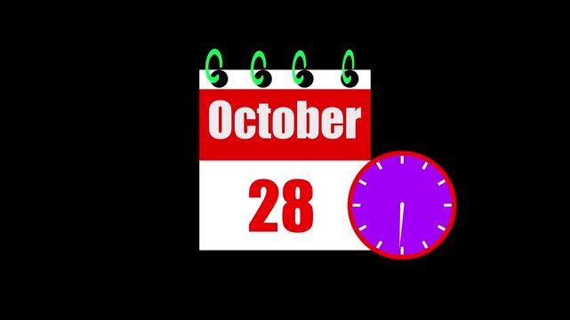 28 October month calendar with time symbol. Simple calendar icon animation and date change of time month.Analog calendar design month concept animation 4k video.