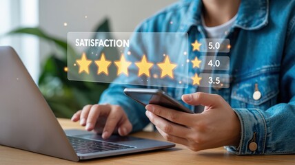 Customer Satisfaction - A man holding a smartphone, with a glowing "SATISFACTION" text and a star rating, for online customer feedback