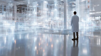 Scientist observing advanced technology and data visualization in a futuristic research facility at night