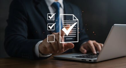 A suited professional using a laptop with digital document and checkmark icons displayed, indicating task completion.