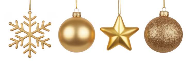 Four golden christmas ornaments hanging isolated on transparent background