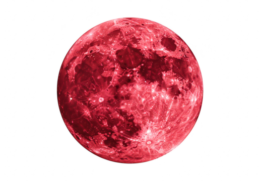 A vibrant red full moon isolated on a transparent background, evoking mystery and celestial beauty