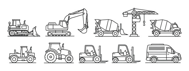 Obraz premium A diverse set of heavy machinery line art icons for construction and industrial use, including excavator, forklift, and crane illustrations.