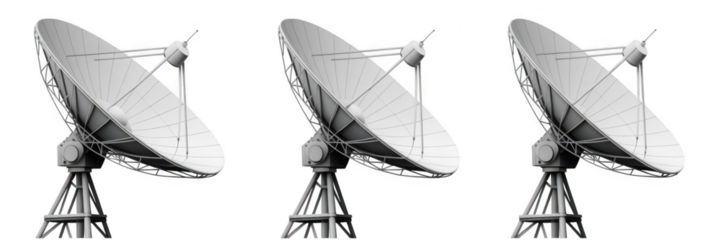 Three large satellite dishes isolated on transparent background