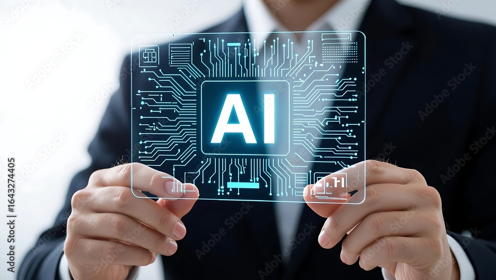 Poster businessman holding a transparent screen displaying the ai logo and circuit board patterns