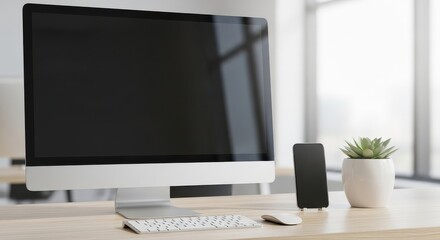 Modern office desk with computer and smartphone mockup.