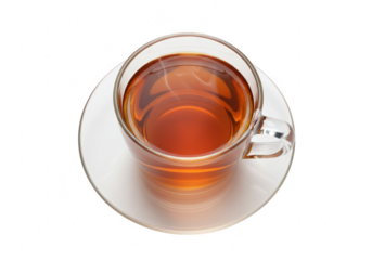 Top view of a steaming cup of hot tea in a transparent glass cup and saucer isolated on transparent background