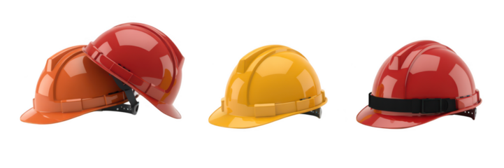 Collection of colorful construction hard hats isolated on transparent background