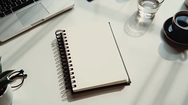 Blank spiral notebook on modern desk with laptop and beverages  