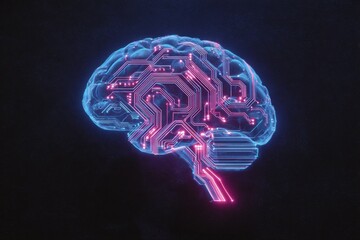 Stylized brain made of glowing circuit lines on a dark tech background.