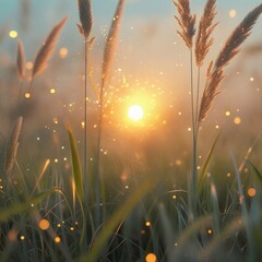 Serene Sunset Over Tall Grass with Golden Light and Bokeh Effect