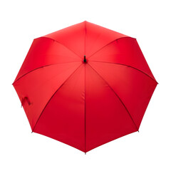 A bright red umbrella open and isolated on transparent background, symbolizing protection from rain