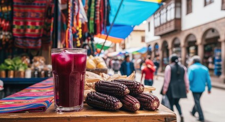 Traditional peruvian chicha morada drink with purple corn at a street market in Cusco © Mikhail