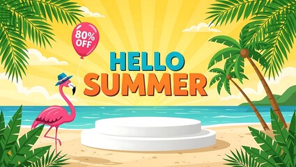 Hello summer beach scene with flamingo and product display podium