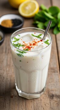 Refreshing indian chaas buttermilk drink with mint and spices in a glass on a wooden table