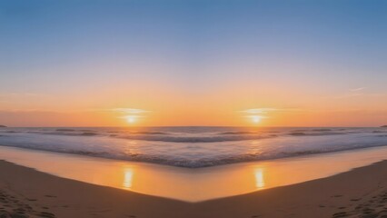 Golden Sunset Over the Ocean with Gentle Waves Lapping onto Sandy Beach