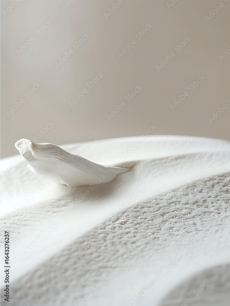 Poster white feather resting on soft textured fabric creates minimalist composition with gentle shadows and