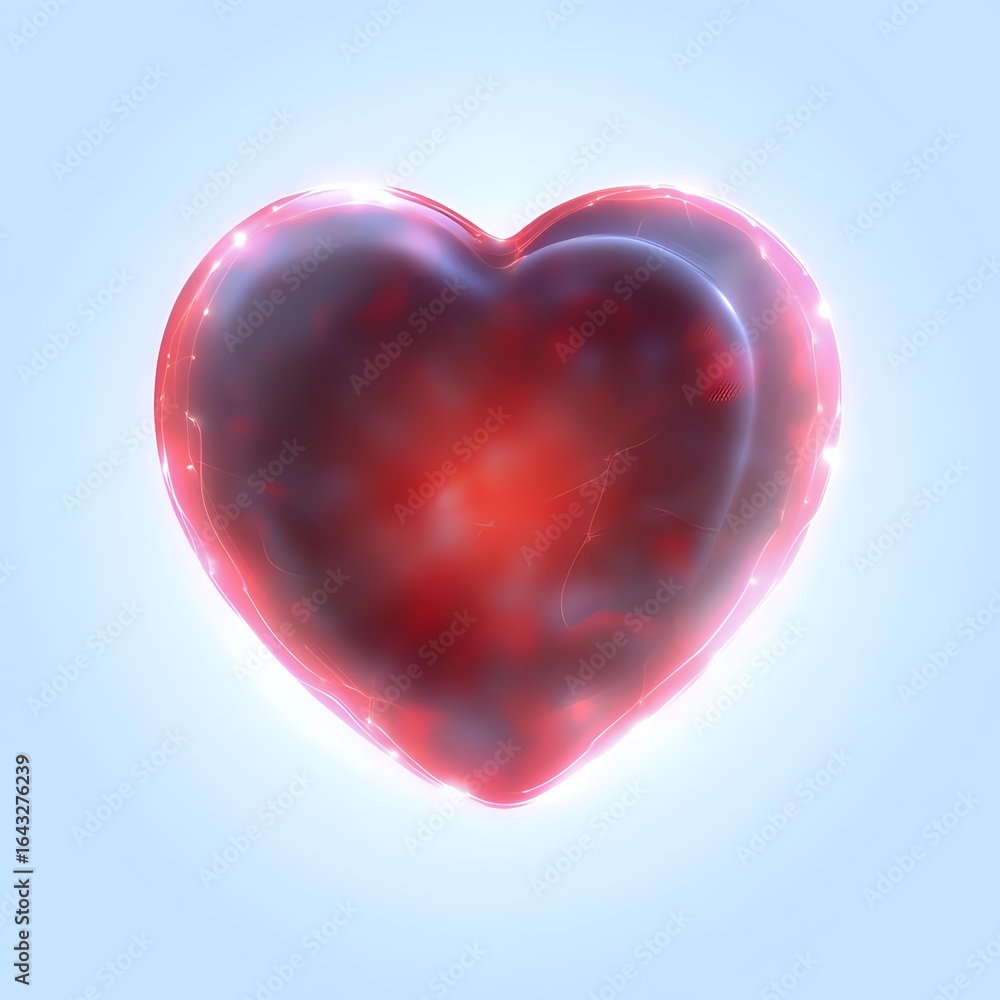 Poster glowing red heart shape with ethereal smoke effect inside on light background, featuring soft illumi