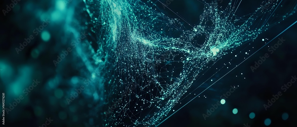 Poster abstract network of glowing turquoise dots and lines forming interconnected mesh against dark backgr
