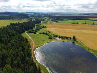 Aerial view landscape with wheat field and lake with forest on sunny summer day