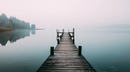 Fototapeta premium A tranquil wooden pier extending into a foggy lake, surrounded by soft earth tones and serene reflections.