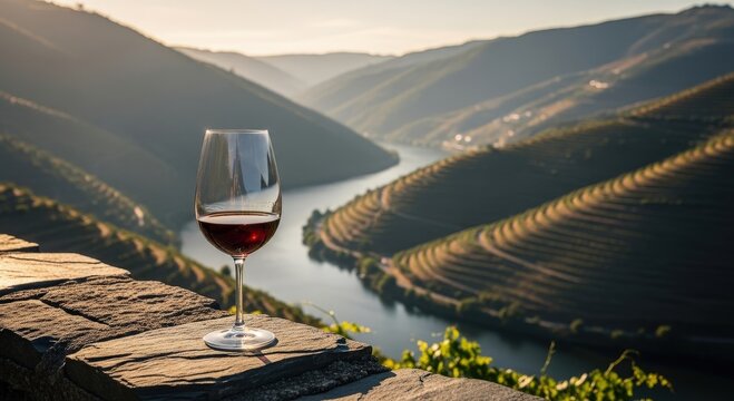 Glass of red port wine with a beautiful sunset view of the douro valley vineyards in portugal