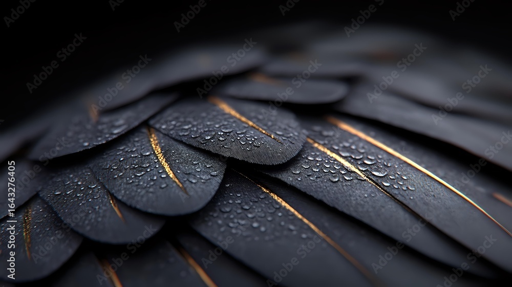 Poster dramatic close-up of dark feathers with water droplets and golden highlights creating abstract patte