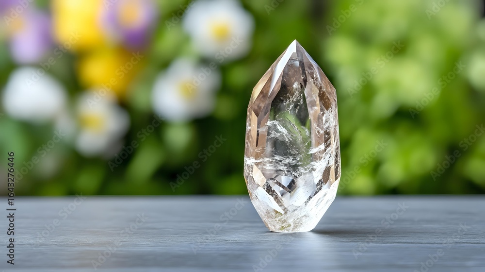 Poster clear quartz crystal point standing upright on gray surface with soft floral bokeh background create
