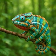 Fototapeta premium Vibrant Chameleon Perched on Branch in Lush Forest