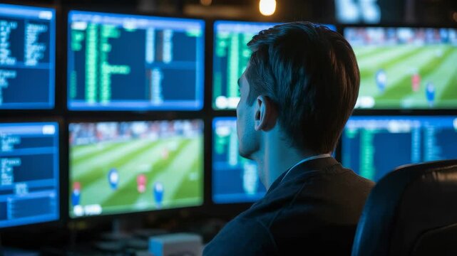 Man analyzing live sports betting data on multiple computer monitors with detailed statistics and real-time match visuals in office setting

